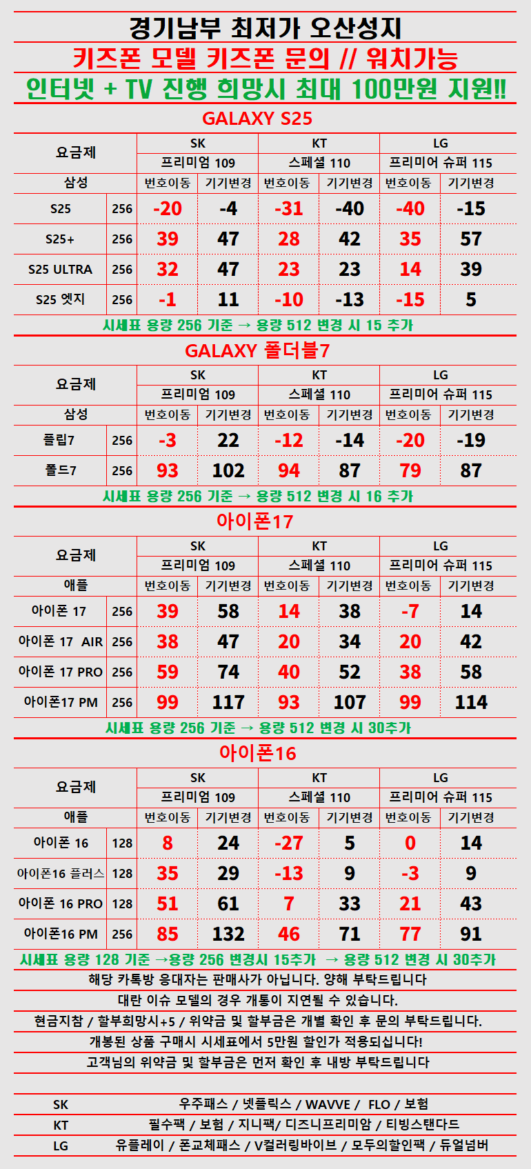 경기도 오산시 휴대폰성지 시세표 카드x반납x