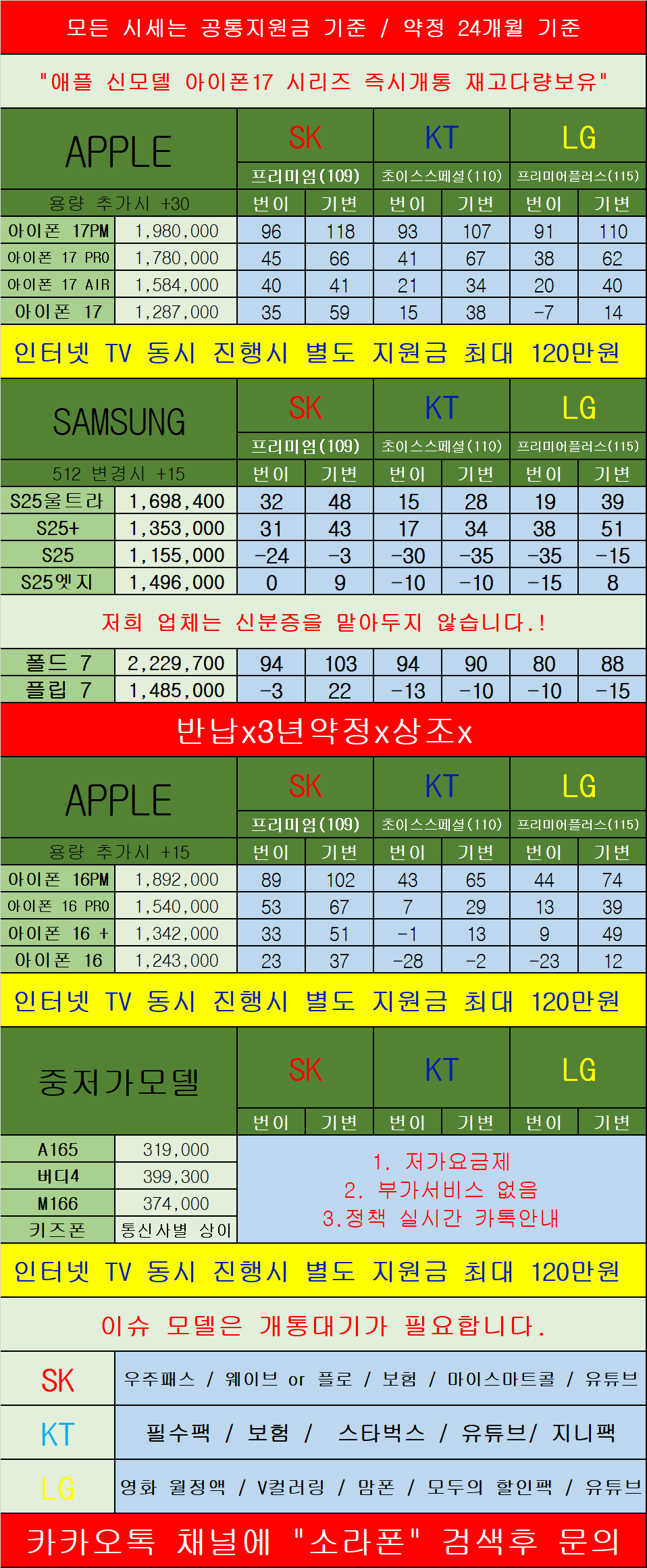경기도 의정부 휴대폰 성지 시세표 카드X 반납X 장기할부X