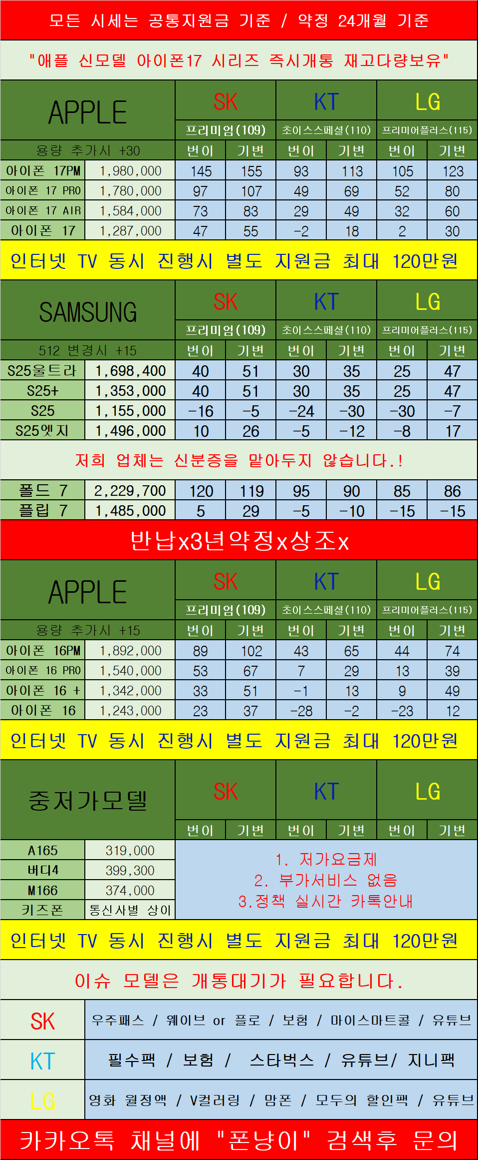 경기도 의정부 휴대폰 성지 시세표 카드X 반납X 장기할부X