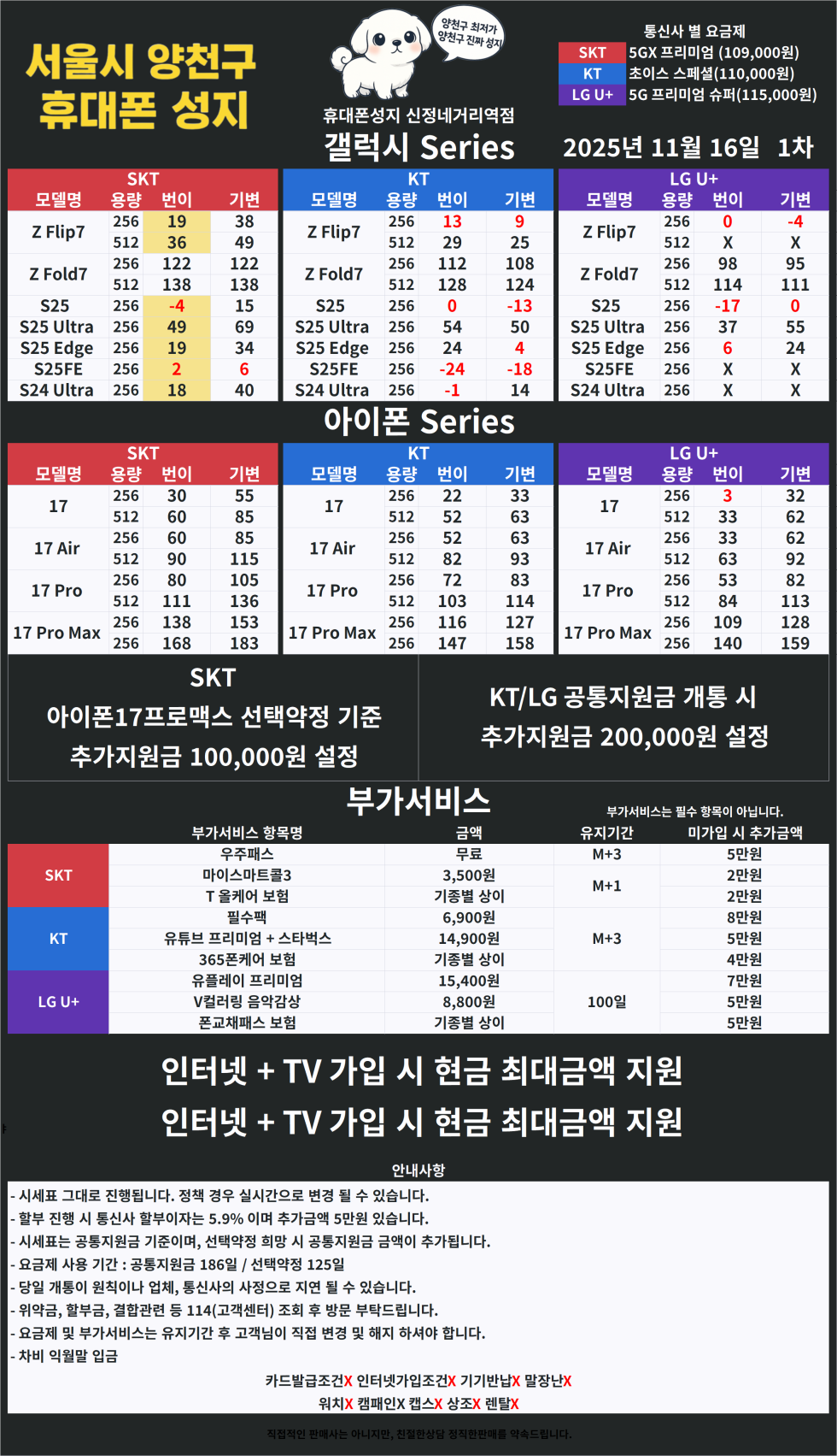 [말장난하면 택시비드림] 양천구 휴대폰성지 11월 16일 시세표【카드X】【반납X】