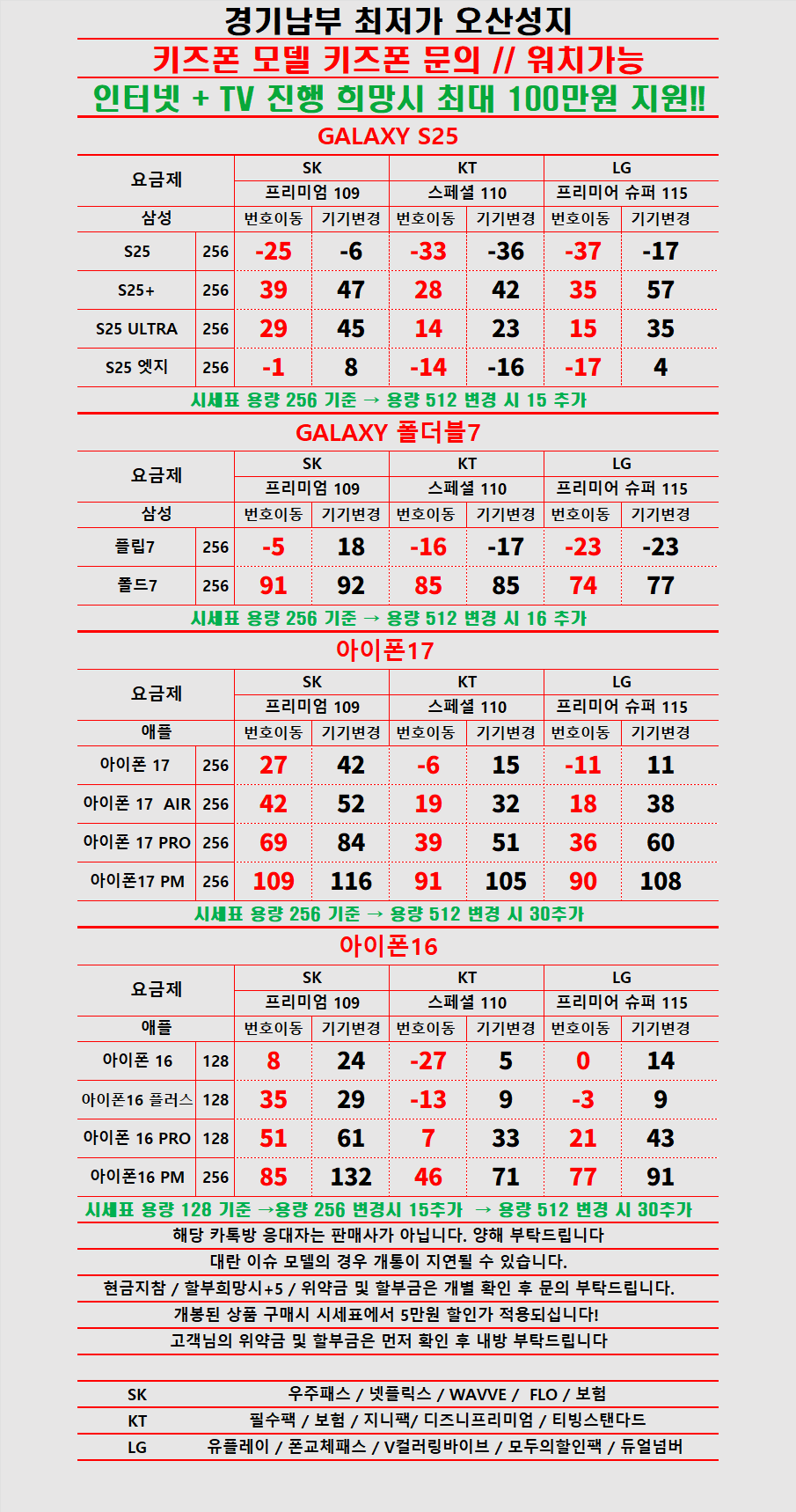 경기도 오산 휴대폰 성지시세표 카드 X 반납X