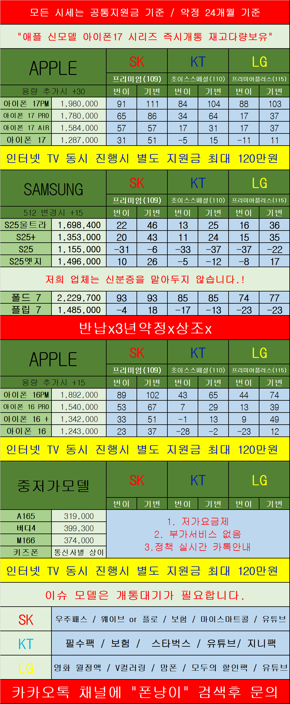 경기도 의정부 휴대폰 성지 시세표 카드X 반납X 장기할부X