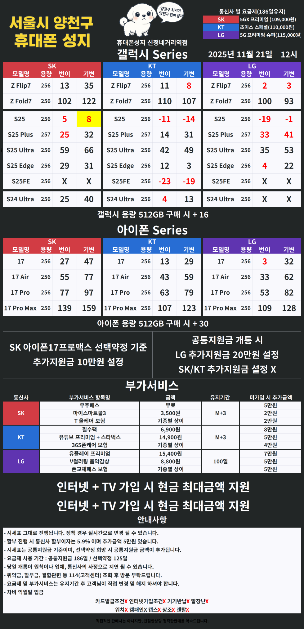 [말장난하면 택시비드림 17일차] 양천구 휴대폰성지 11월 21일 시세표【카드X】【반납X】