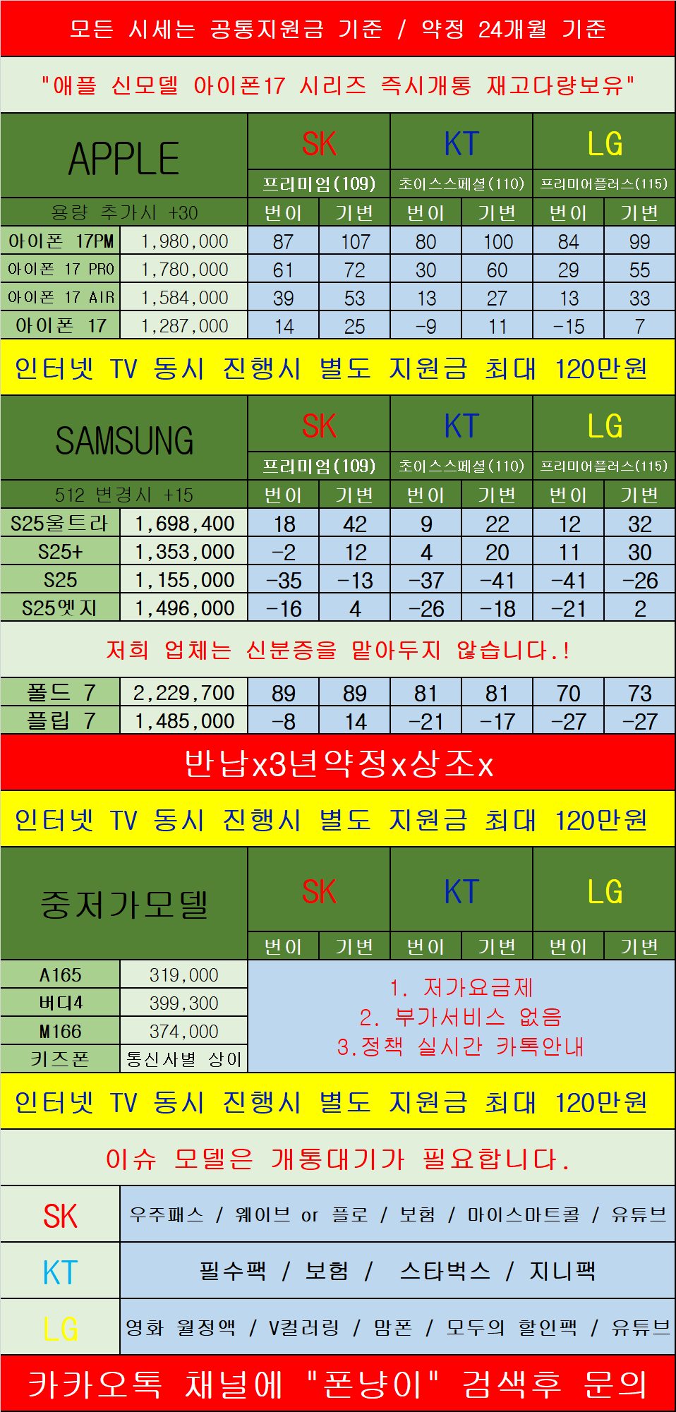 경기도 의정부 휴대폰 성지 시세표 카드X 반납X 장기할부X