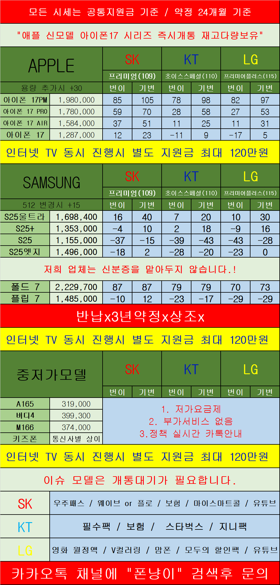 경기도 의정부 휴대폰 성지 시세표 카드X 반납X 장기할부X