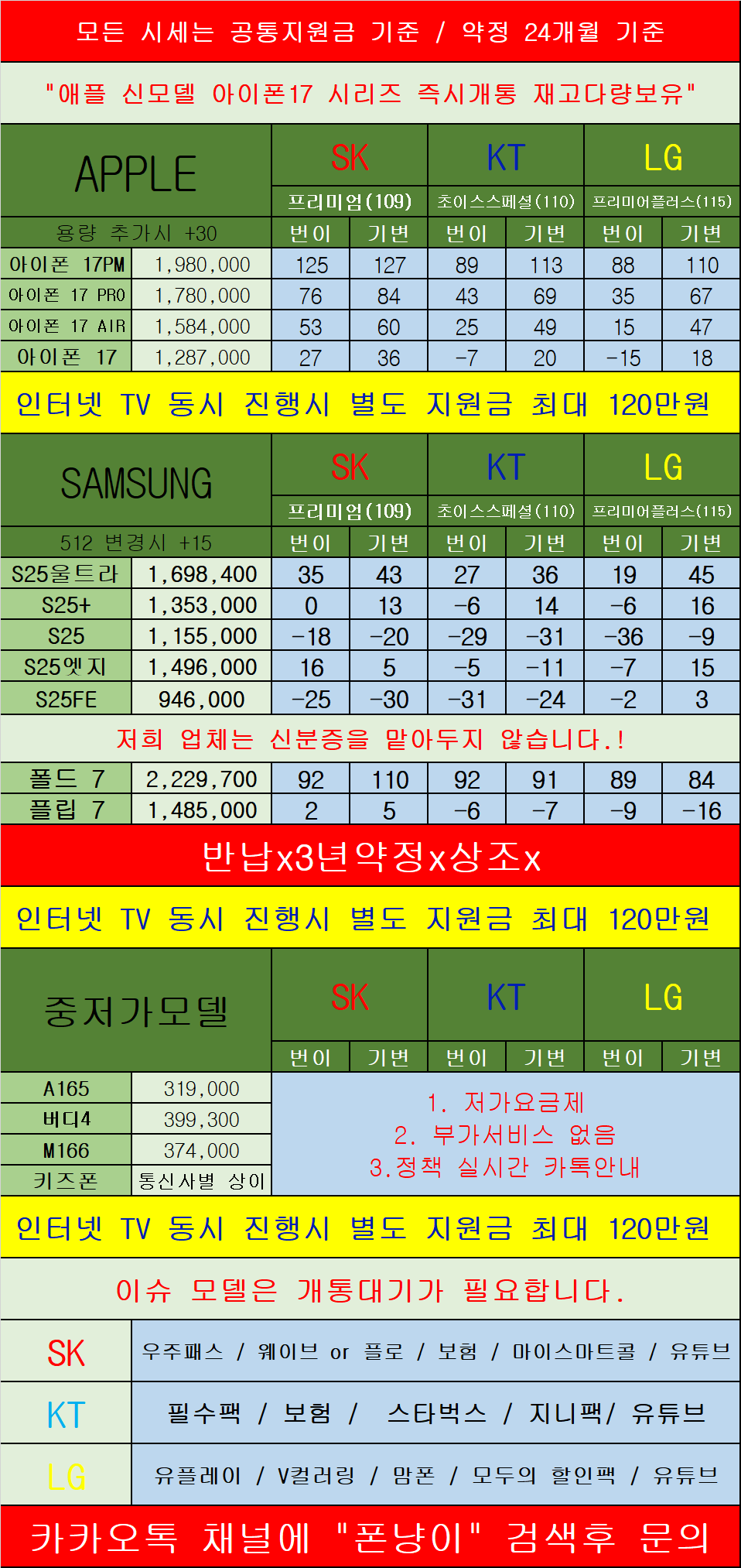 경기도 의정부 휴대폰 성지 시세표 카드X 반납X 장기할부X