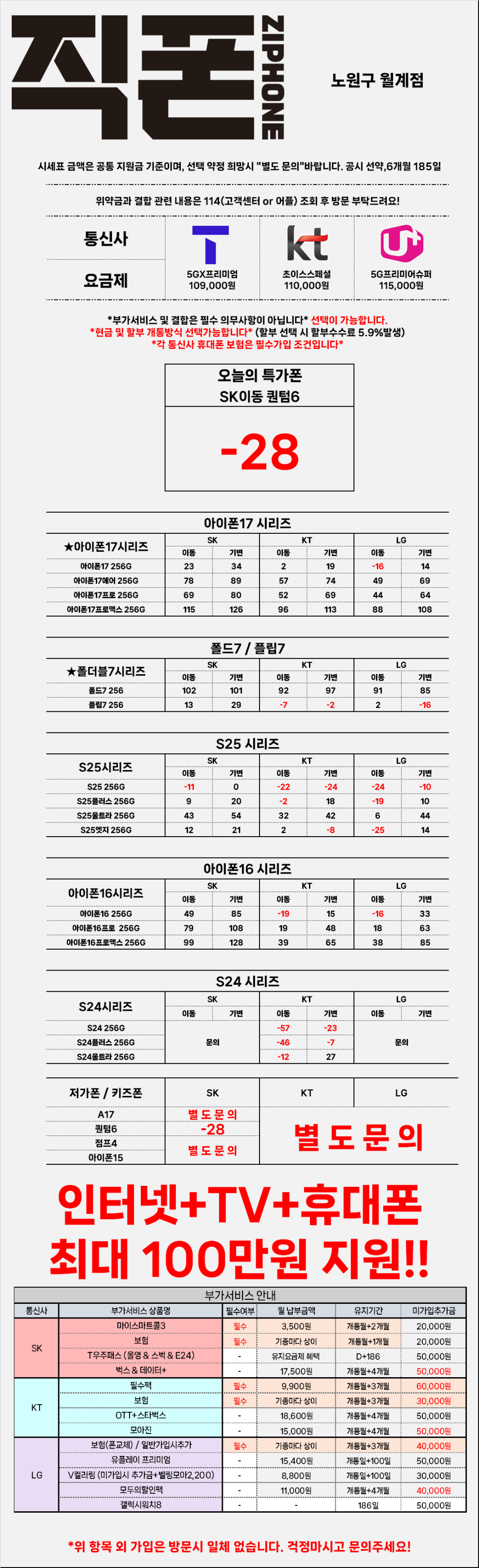 직폰 노원 월계점/시세표 내용 이외 추가로 들어가는 부가없습니다/주차가능