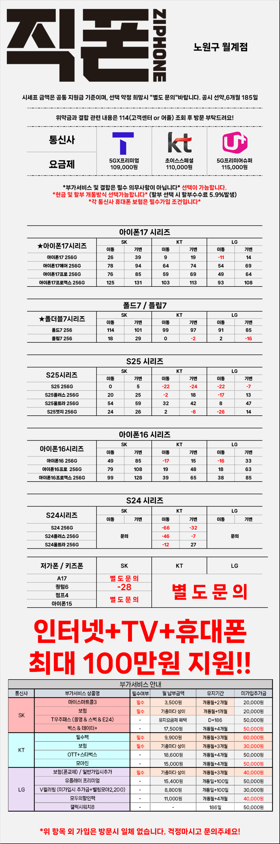 직폰 노원 월계점/시세표 내용 이외 추가로 들어가는 부가없습니다/주차가능