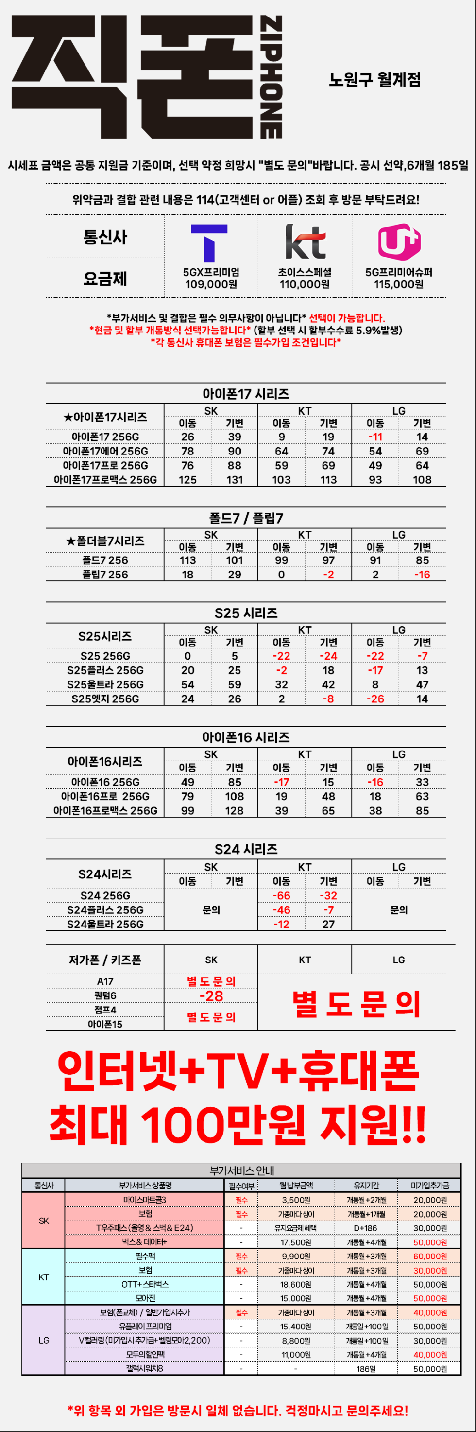 직폰 노원 월계점/시세표 내용 이외 추가로 들어가는 부가없습니다/주차가능