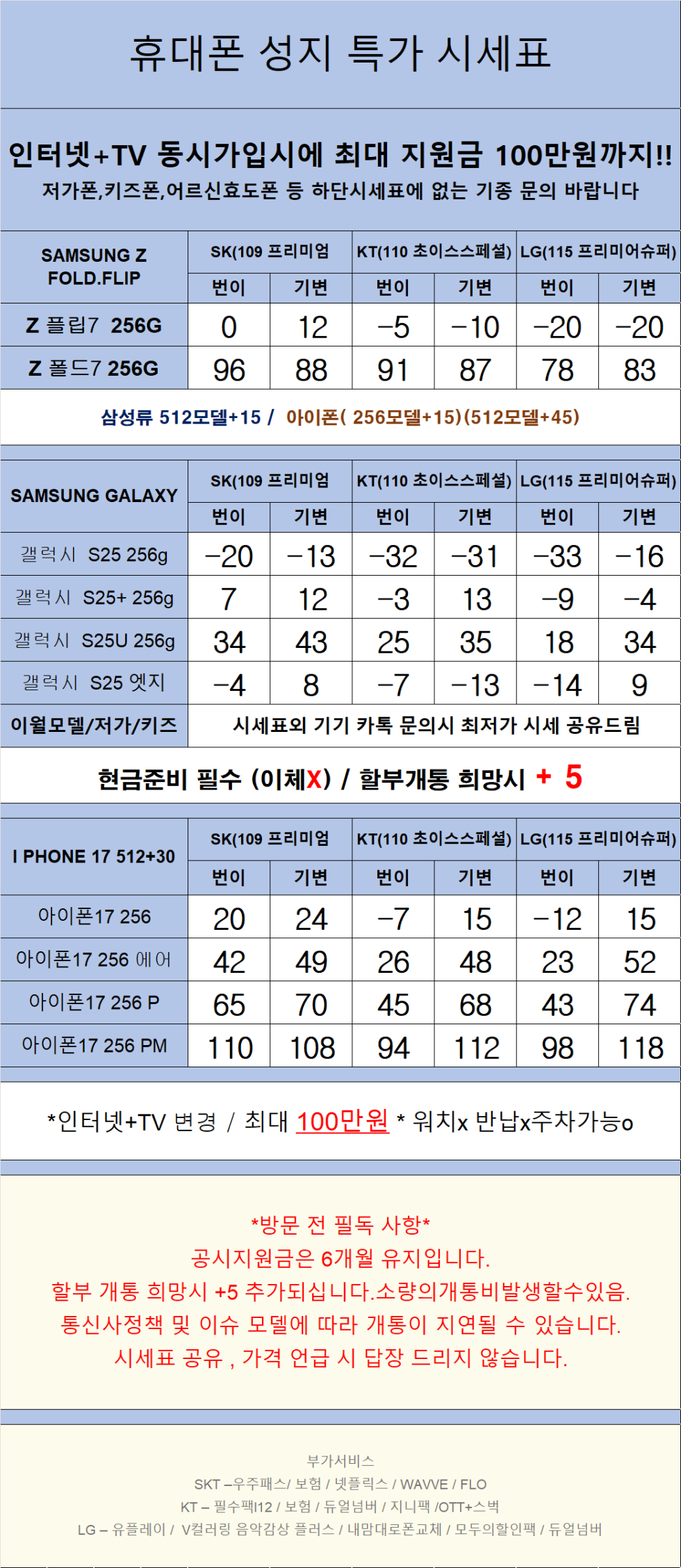 경기도 안산 휴대폰 성지시세표 카드 X 반납X