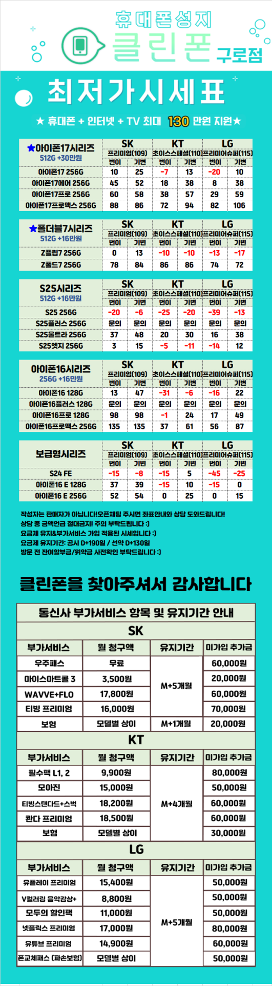 🔥구로구 성지 시세표🔥 // 폴더블7탄 서울 최저가 재고 대량보유//25탄 아이폰17탄 재고 대량보유 / 주차O /반납X / 재고당일수령 / 당일개통 최저가보장 / 인터넷+TV 최대지원 보장 / (단통법 폐지정책 매장)