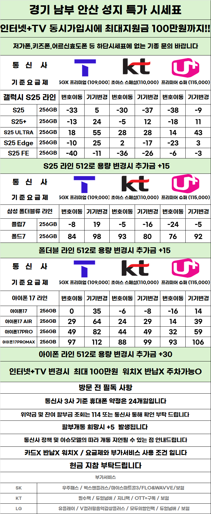 경기도 안산 휴대폰 성지시세표 카드 X 반납X