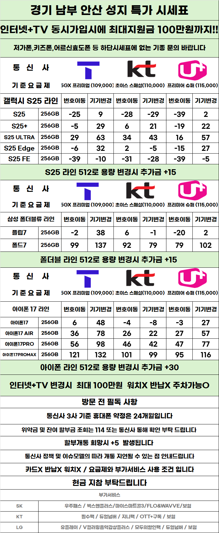 경기도 안산 휴대폰 성지시세표 카드 X 반납X