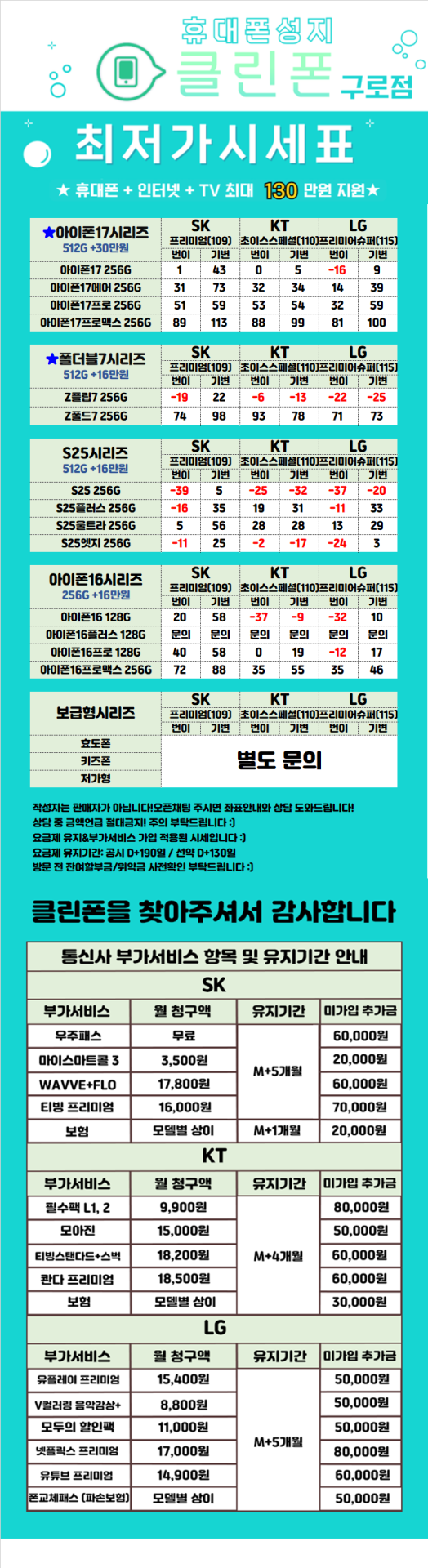 🔥구로구 성지 시세표🔥 // 폴더블7탄 서울 최저가 재고 대량보유//25탄 아이폰17탄 재고 대량보유 / 주차O /반납X / 재고당일수령 / 당일개통 최저가보장 / 인터넷+TV 최대지원 보장 / (단통법 폐지정책 매장)