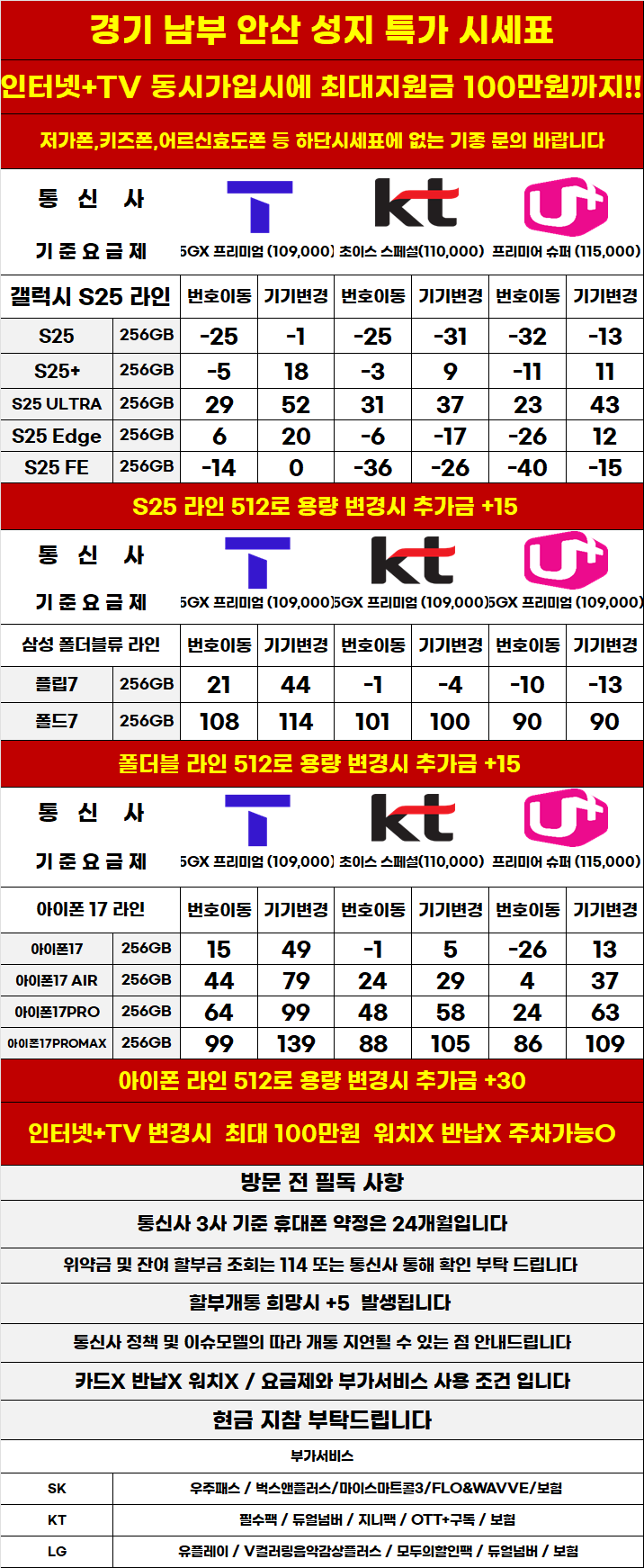 경기도 안산 휴대폰 성지시세표 카드 X 반납X