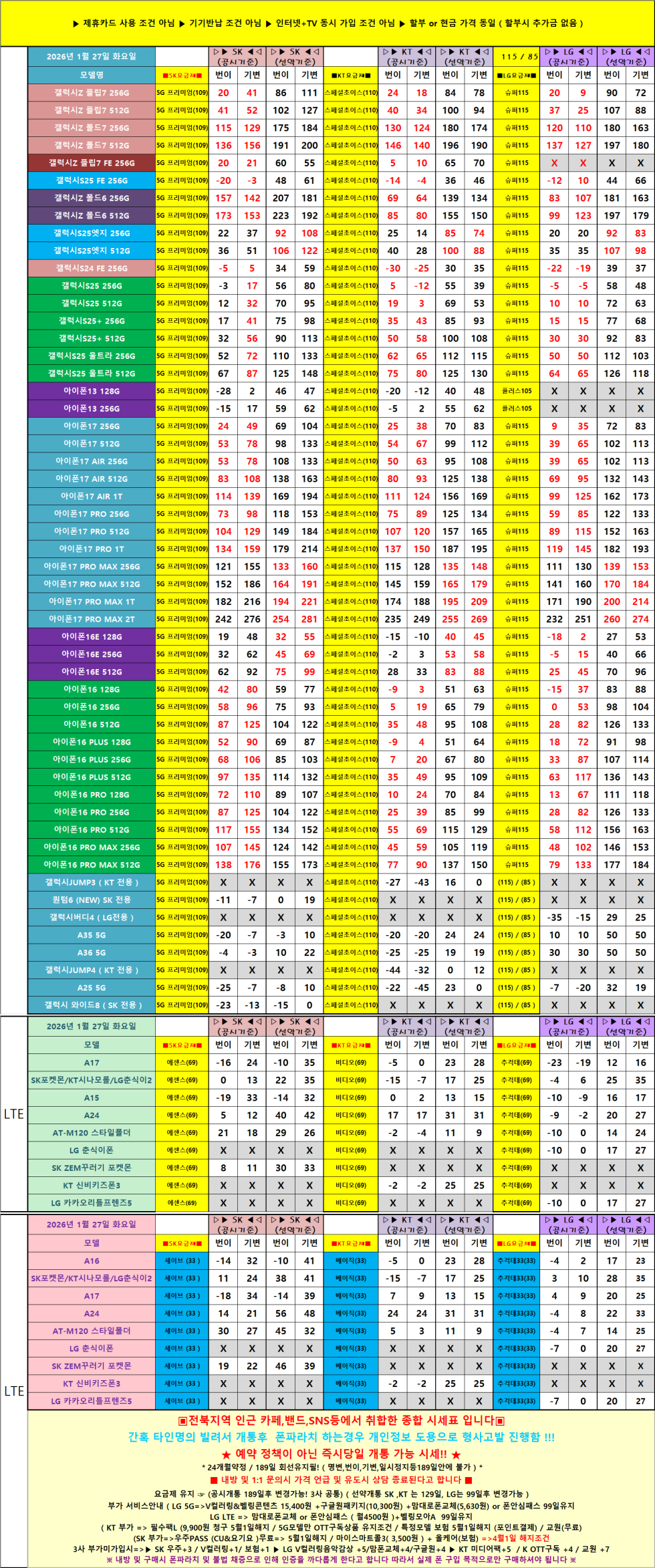 전주시 휴대폰 성지 시세표