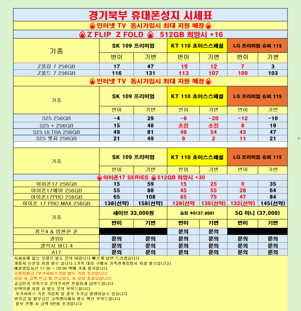 [직폰 본사직영점] 의정부점 시세표(카드X,기기반납X,장기할부X)