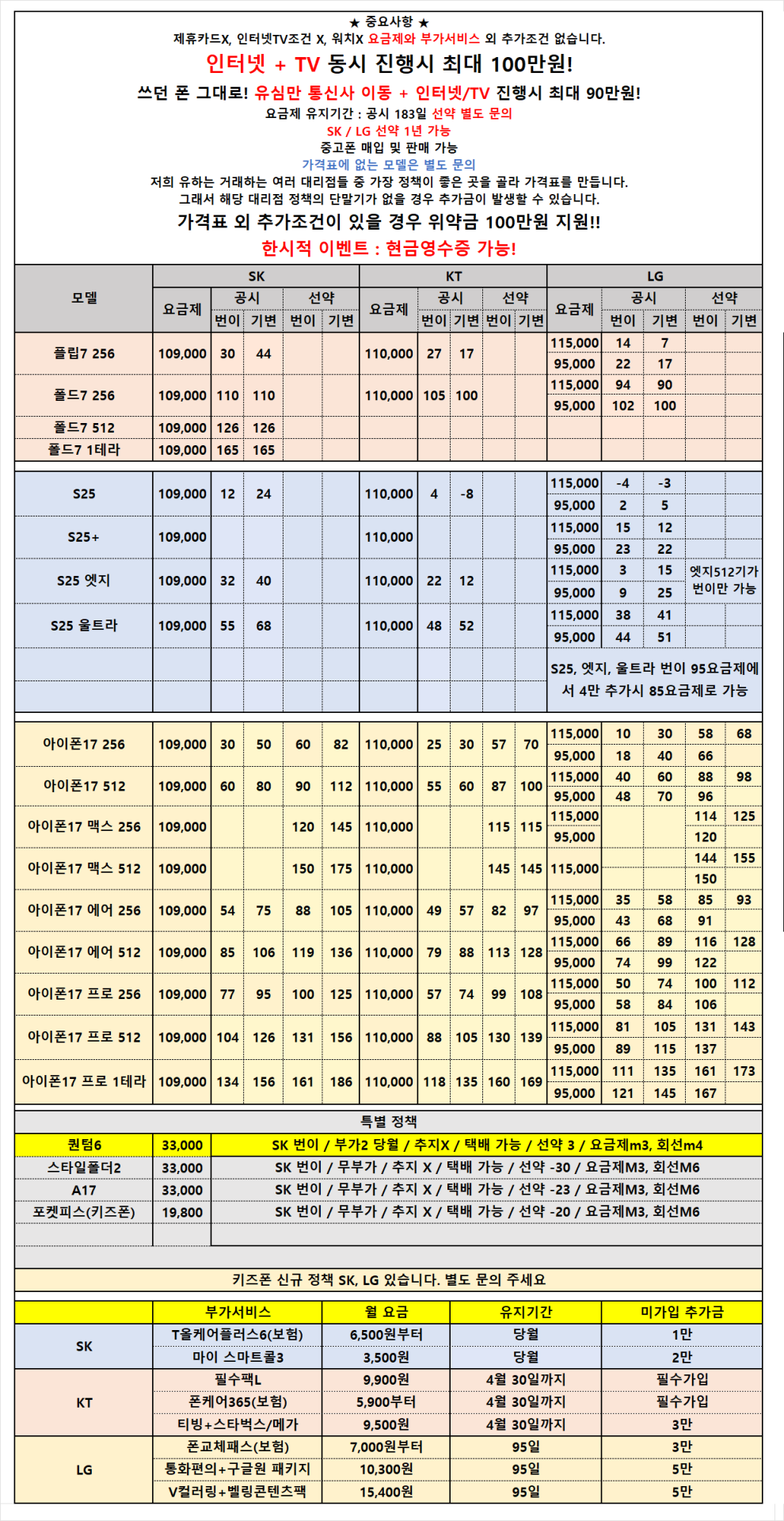 [안산성지/택배 가능] 말장난X 가격표 외 추가조건X 현금영수증 가능! 저가폰 정책 출시!