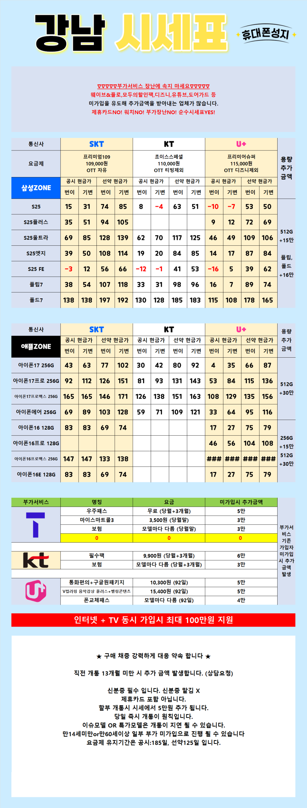 [즉시개통] 서울 강남구 [당일개통] 시세표 (부가장난X, 제휴장난X, 워치장난X) 순수 성지 시세표