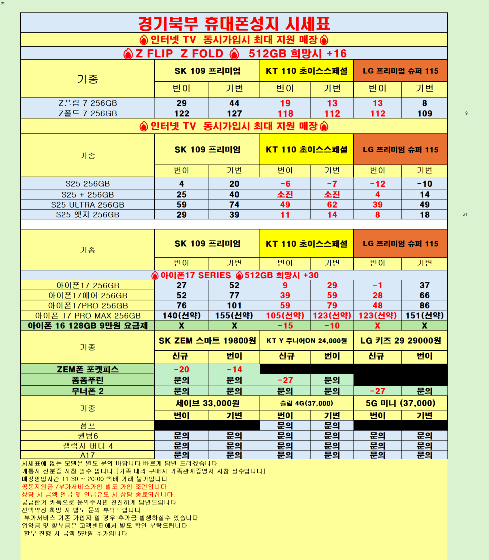 [직폰 본사직영점] 의정부점 시세표(카드X,기기반납X,장기할부X)
