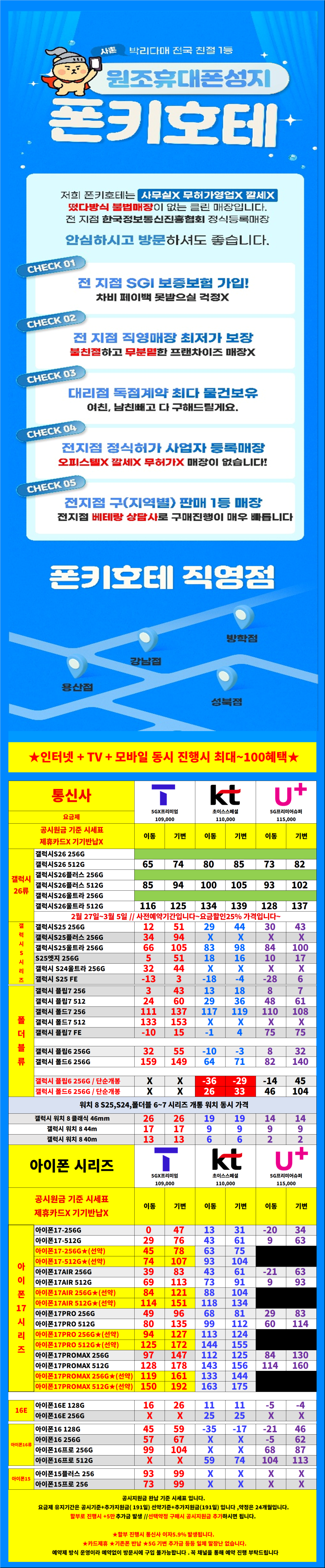 [S26사전예약] 서울시 용산 / 용산구 휴대폰 성지 시세표. 키즈폰특가 / 당일지급 / 제휴카드X / 기기반납X