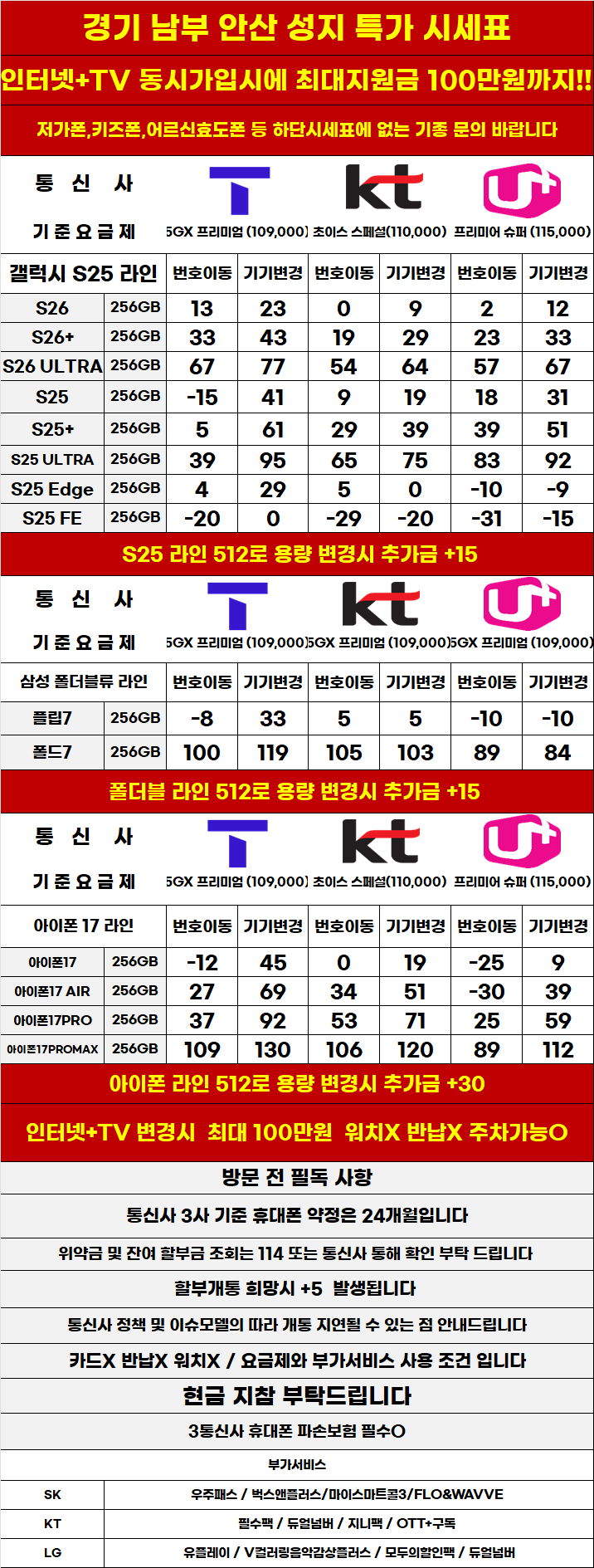 경기도 안산 휴대폰 성지시세표 카드 X 반납X