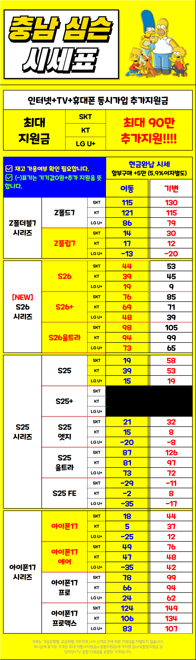 3월 16일 충남 아산시 휴대폰성지 시세표