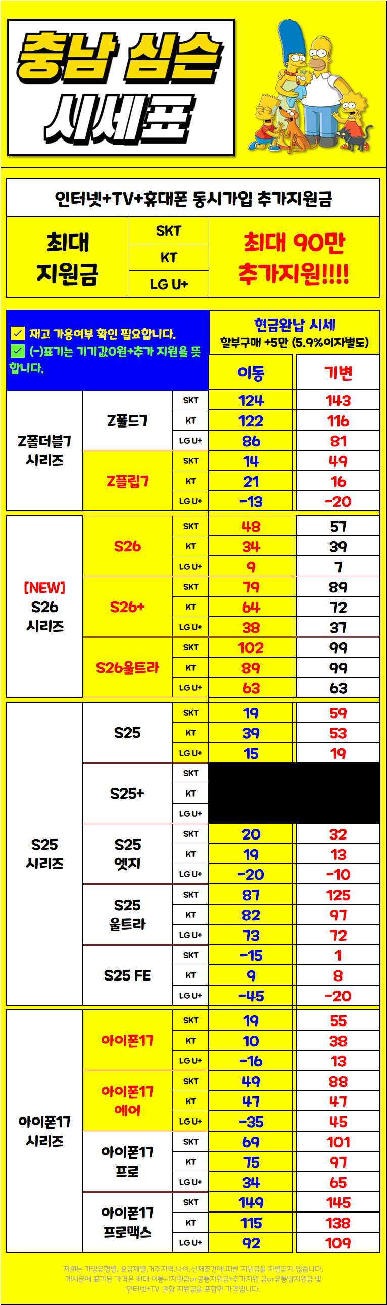 3월 22일 충남 아산시 휴대폰성지 시세표