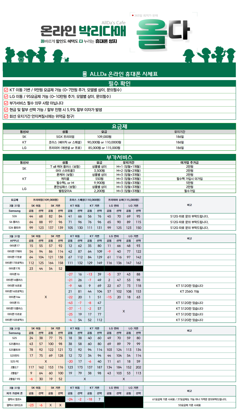3월 31일 [올다] 휴대폰성지 세표 / 선배송 후 결제 / 전국택배 가장 저렴~~