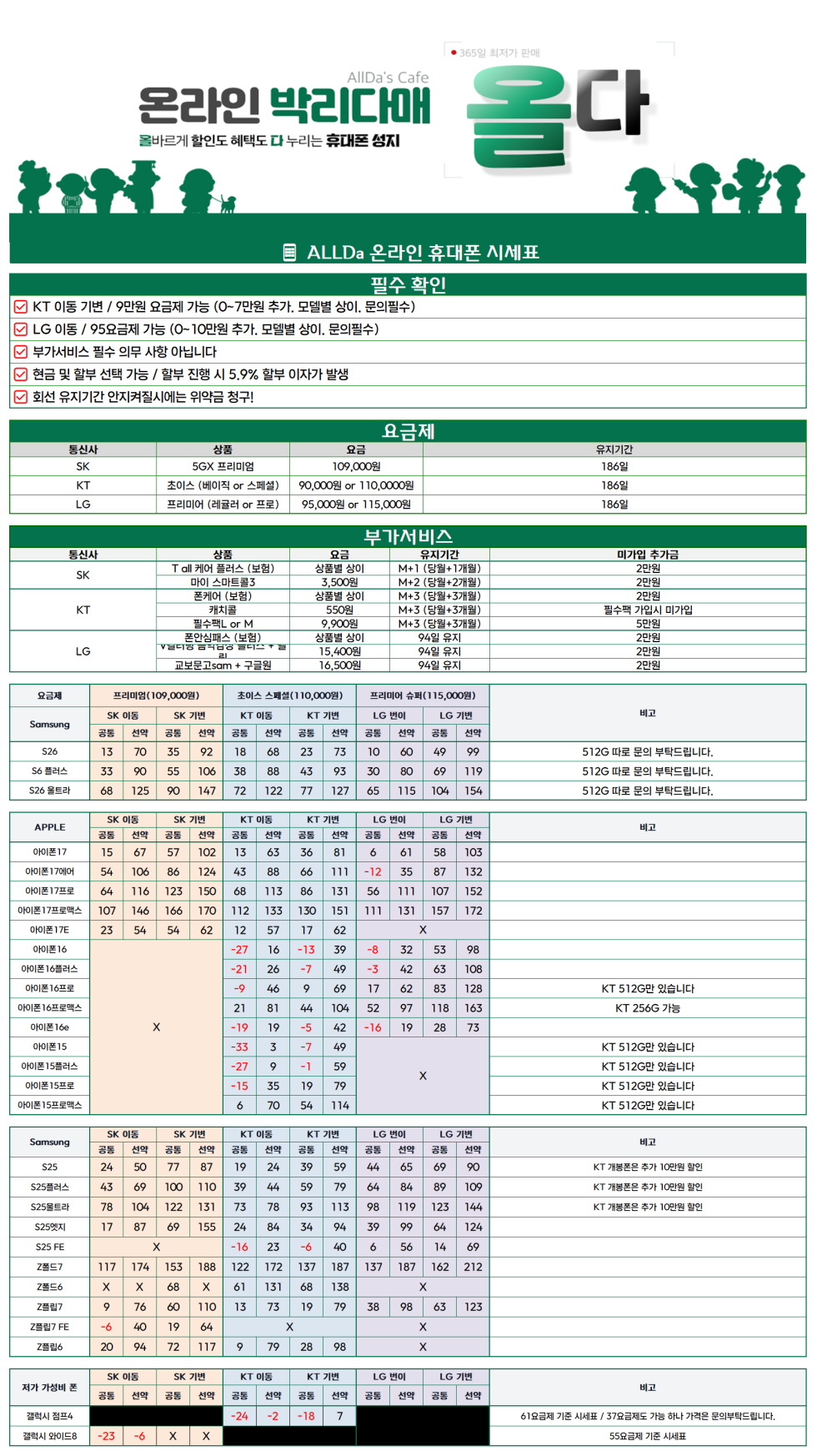 4월 3일 [올다] 휴대폰성지 시세표 / 선배송 후 결제 / 전국택배 가장 저렴~~
