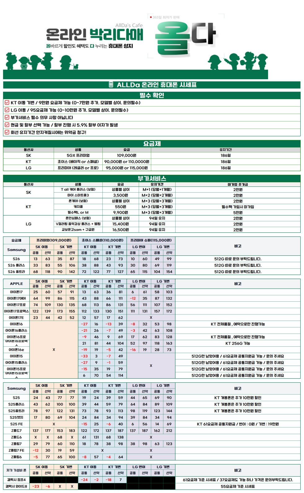 4월 7일 [올다] 휴대폰성지 시세표 / KT Z폴립 6 번이 기변 공통지원금 상향!! / 선배송 후 결제 / 전국 택배 가장 저렴~~