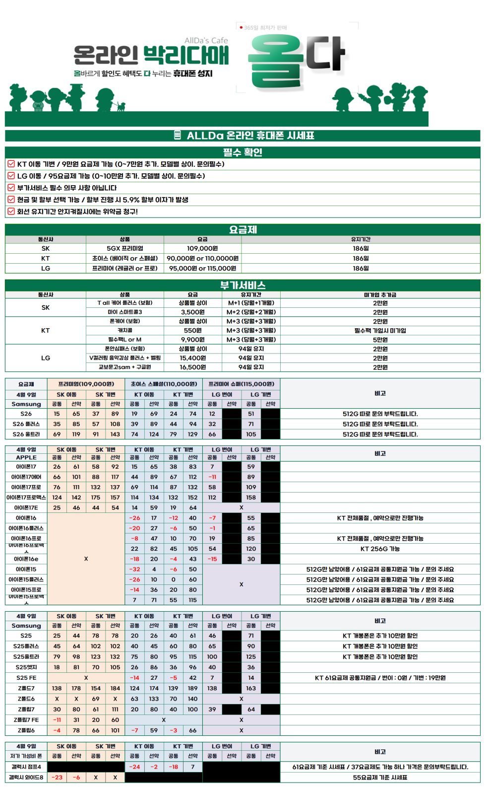4월 9일 [올다] 휴대폰성지 1차 시세표 / 선배송 후 결제 / 전국 택배 제일 저렴합니다!!