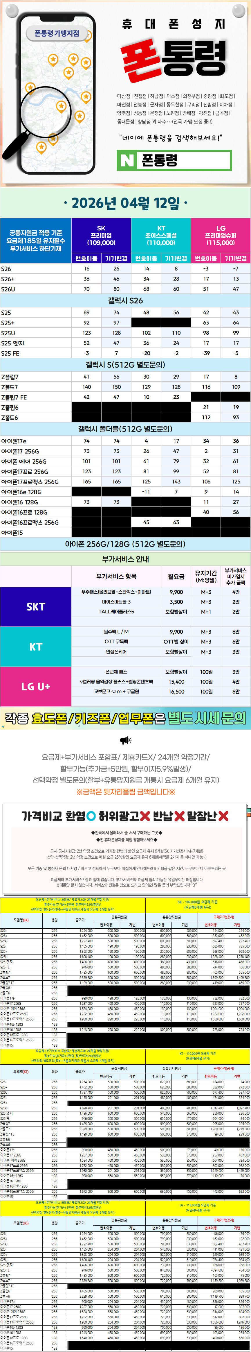다산- 경기도 남양주시 휴대폰성지 시세표(다산동/도농동/지금동/금곡동/퇴계원면/별내면/진건읍)