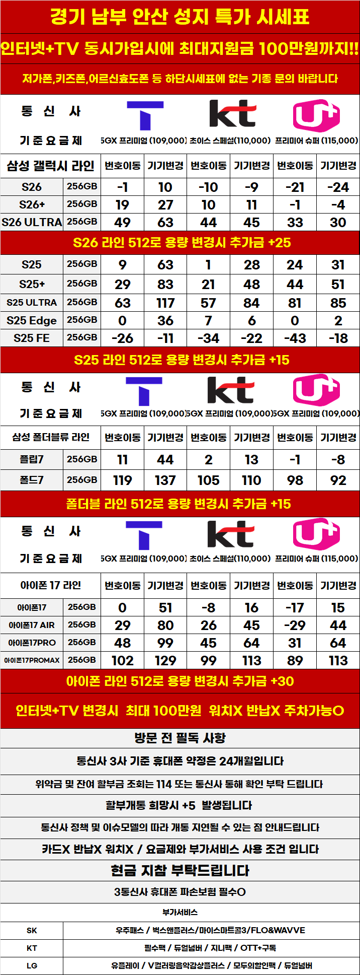 경기도 안산 휴대폰 성지시세표 카드 X 반납X