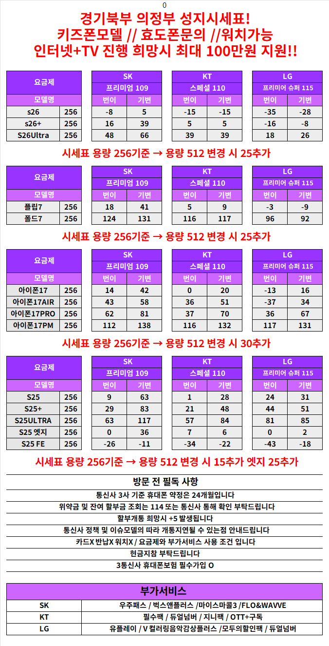 경기도 의정부 휴대폰 성지시세표 카드 X 반납X
