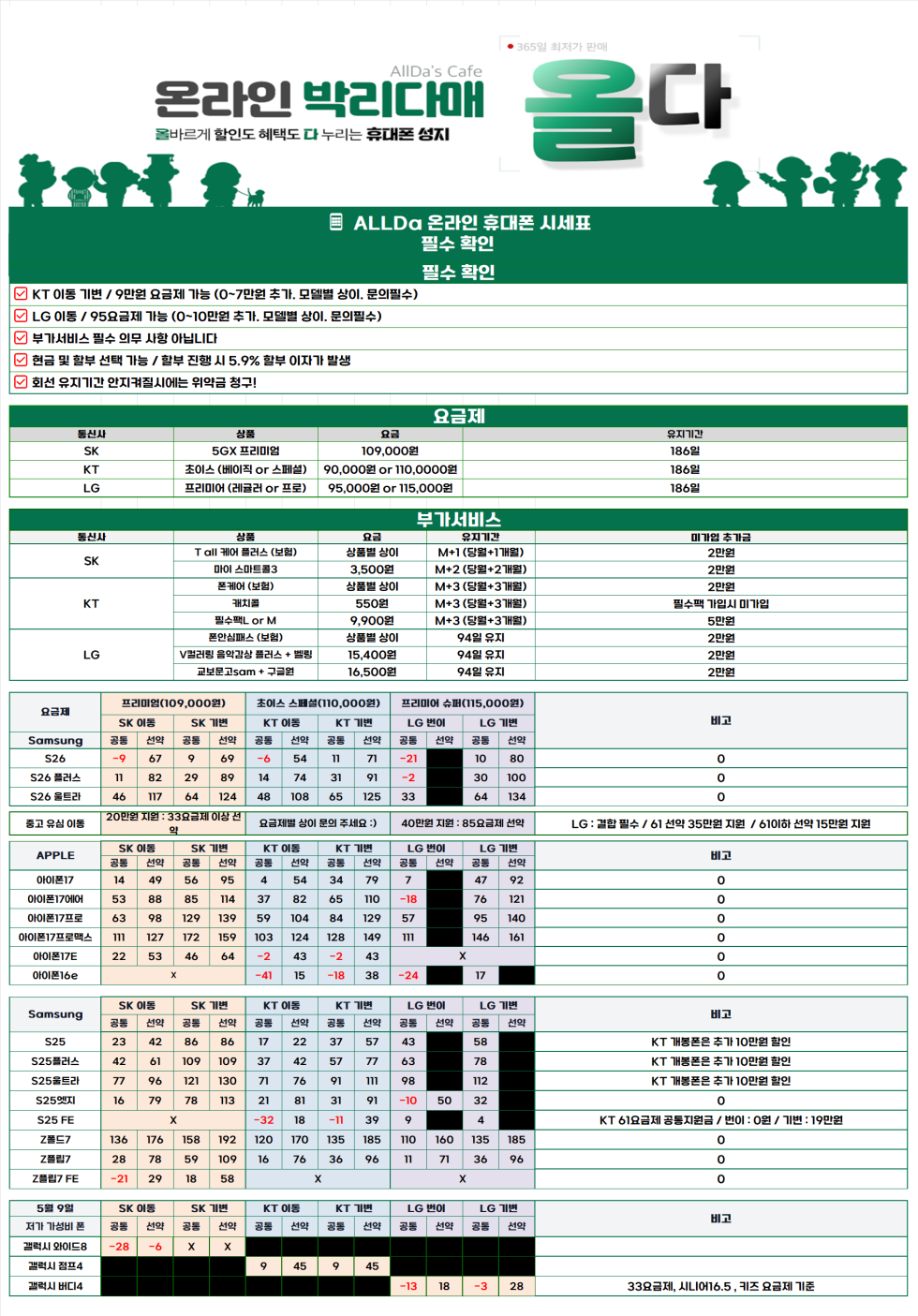 5월11일 [올다] 휴대폰성지 1차 시세표 / 선배송 후 결제 / 전국택배 가장 저렴합니다