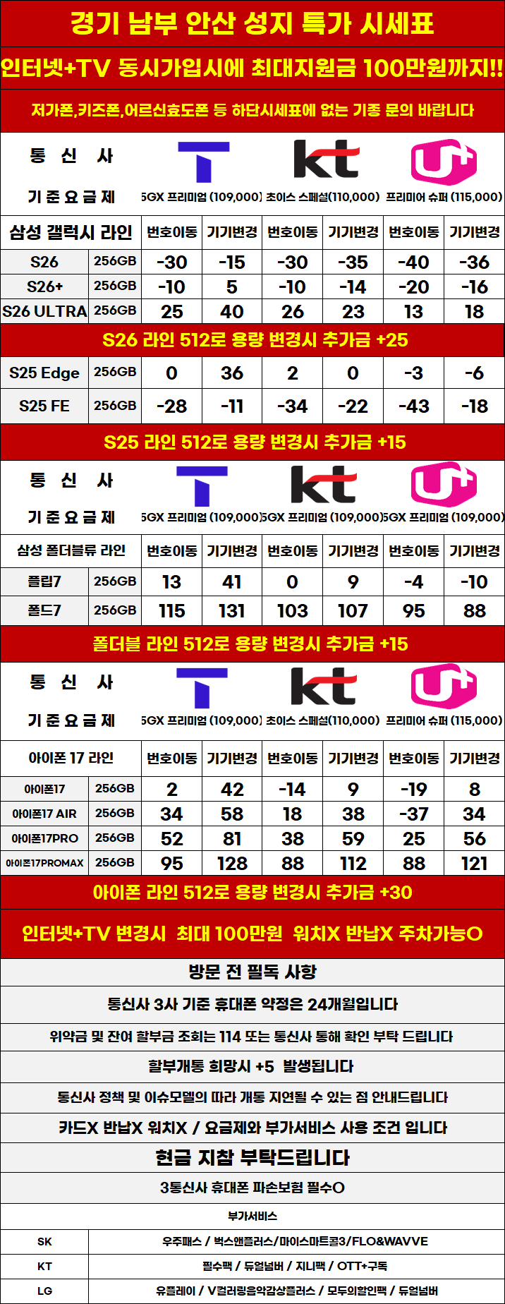 경기도 안산 휴대폰 성지시세표 카드 X 반납X