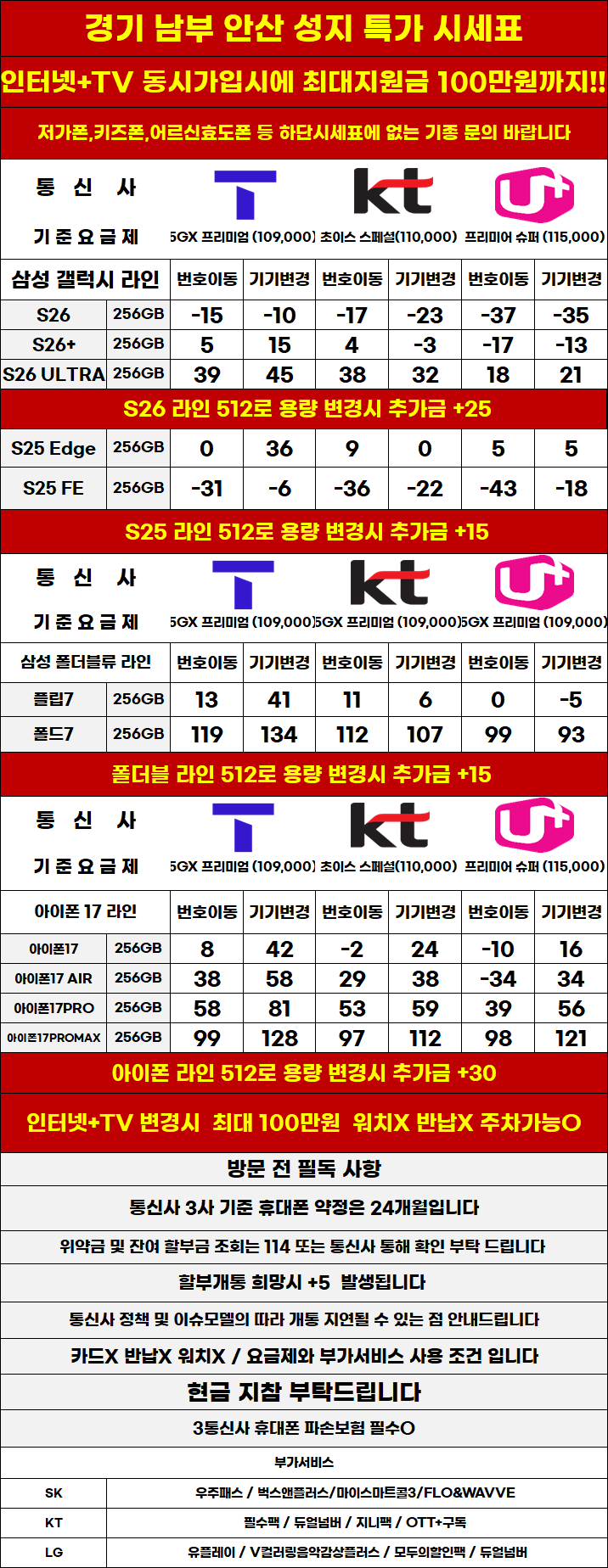 경기도 안산 휴대폰 성지시세표 카드 X 반납X