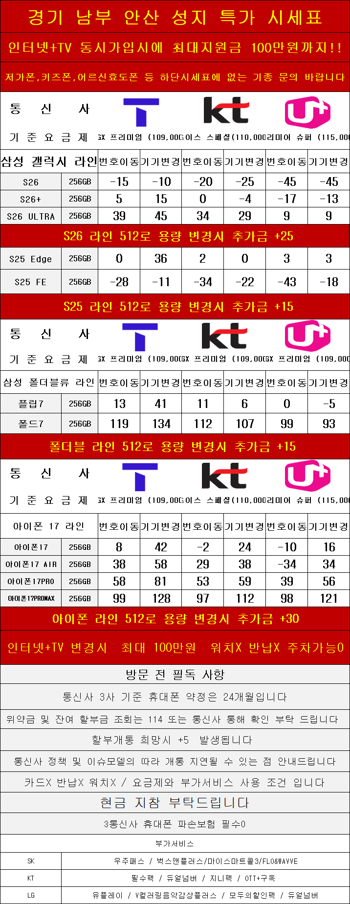 경기도 안산 휴대폰 성지시세표 카드 X 반납X