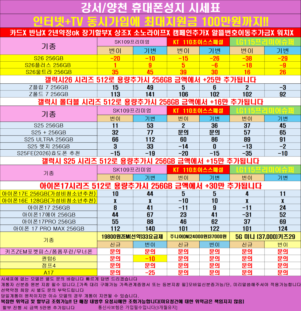 [제휴카드X]양천구/양천/목동 휴대폰성지 시세표/주차장완비무제한무료/잡다한조건없음