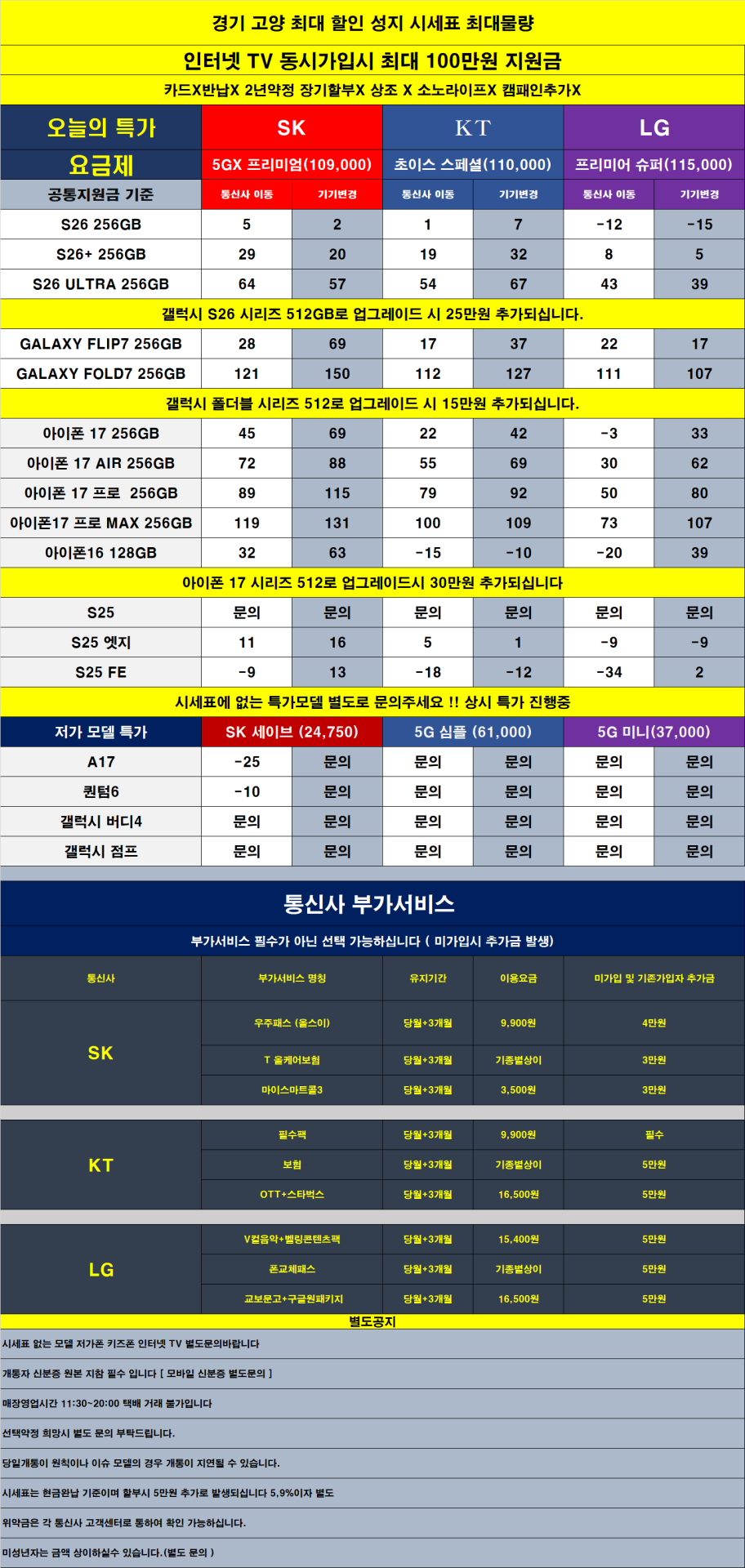 경기도 고양시 일산 휴대폰성지 시세표 (카드 x 반납x) 온누리상품권 받으세요!