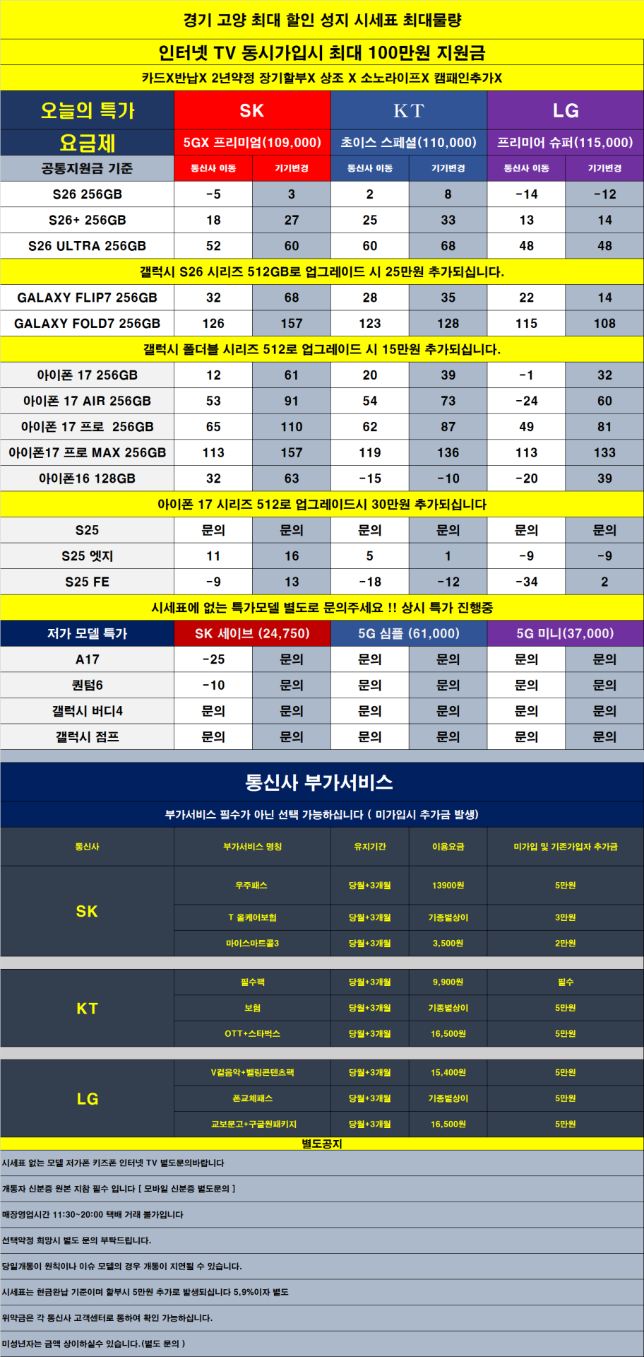 경기도 고양시 일산 휴대폰성지 시세표 (카드 x 반납x) 온누리상품권 받아가세요!