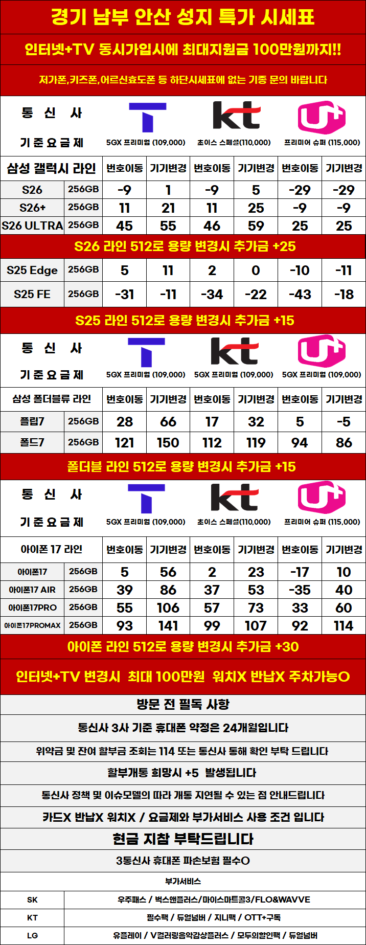 경기도 안산 휴대폰성지 시세표 카드X,반납X,워치X,소노X