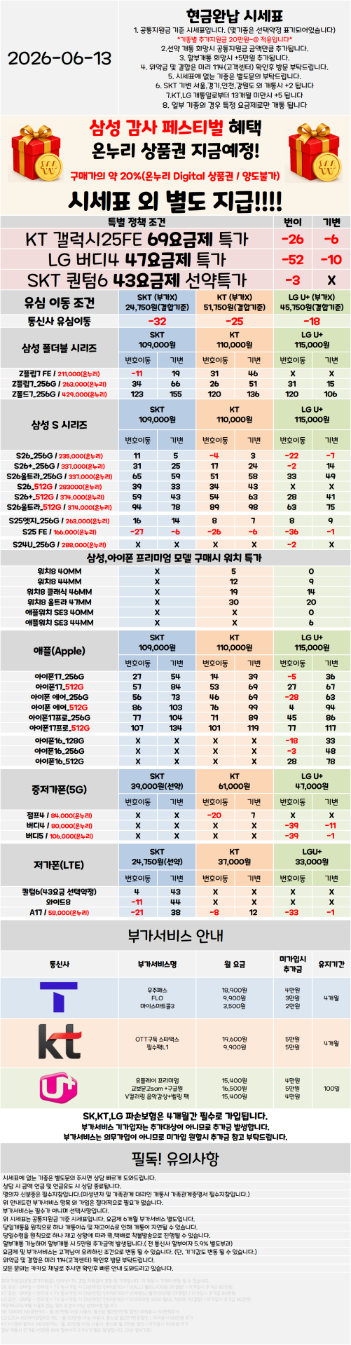 서울 관악구 휴대폰성지 시세표 ★S26 특가진행중★ [ 제휴카드 X , 반납 X ]