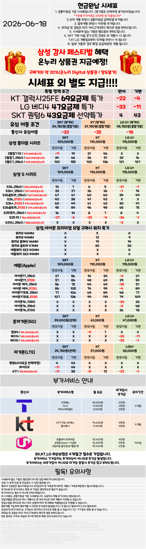 서울 관악구 휴대폰성지 시세표 ★S26 특가진행중★ [ 제휴카드 X , 반납 X ]