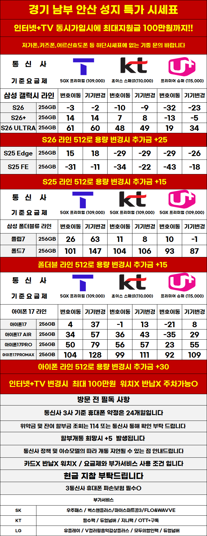 경기도 안산 휴대폰성지 시세표 카드X,반납X,워치X,소노X