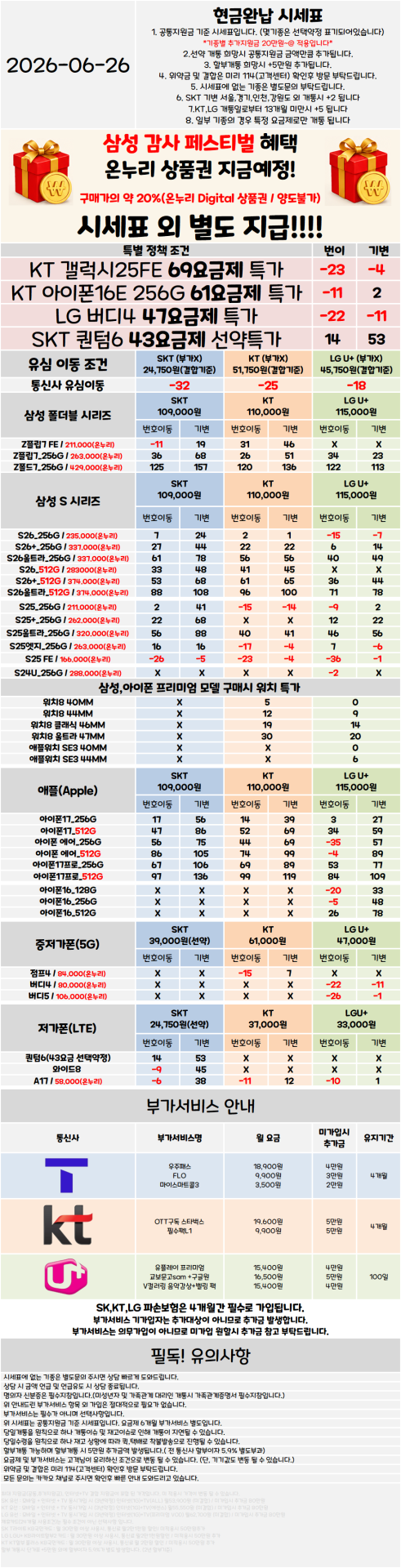 서울 관악구 휴대폰성지 시세표 ★S26 특가진행중★ [ 제휴카드 X , 반납 X ]