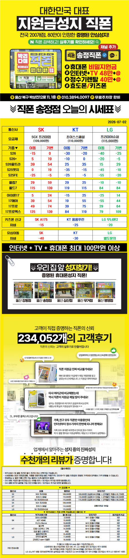 울산 북구 휴대폰성지 울산 송정동 성지//3사 S26 특가 얼른확인하세요//말바뀜 절대없음//지원금 최대//늦기전에 얼른 확인하세요