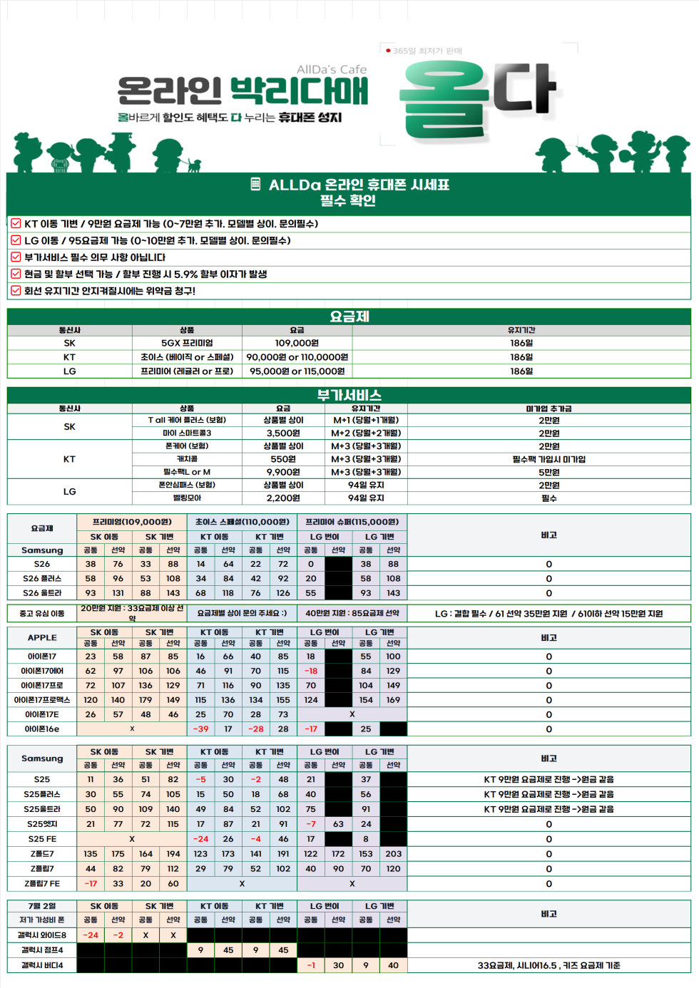 7월3일 [올다] 휴대폰성지 시세표 / 삼성 제품 구매 시 온누리 상품 행사 종료까지 단 2일!! / 전국 택배 가장 저렴합니다