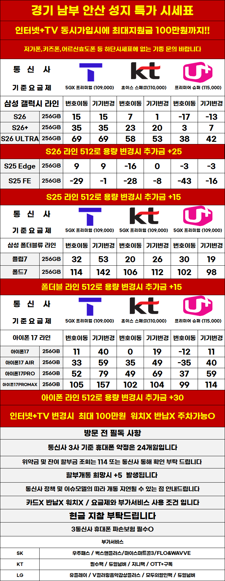 경기도 안산 휴대폰성지 시세표 카드X,반납X,워치X,소노X